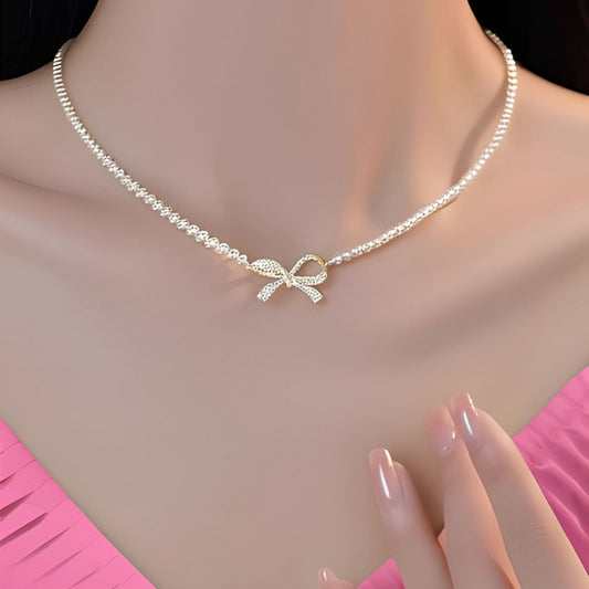 Bow Charm Pearl Pendant Necklace