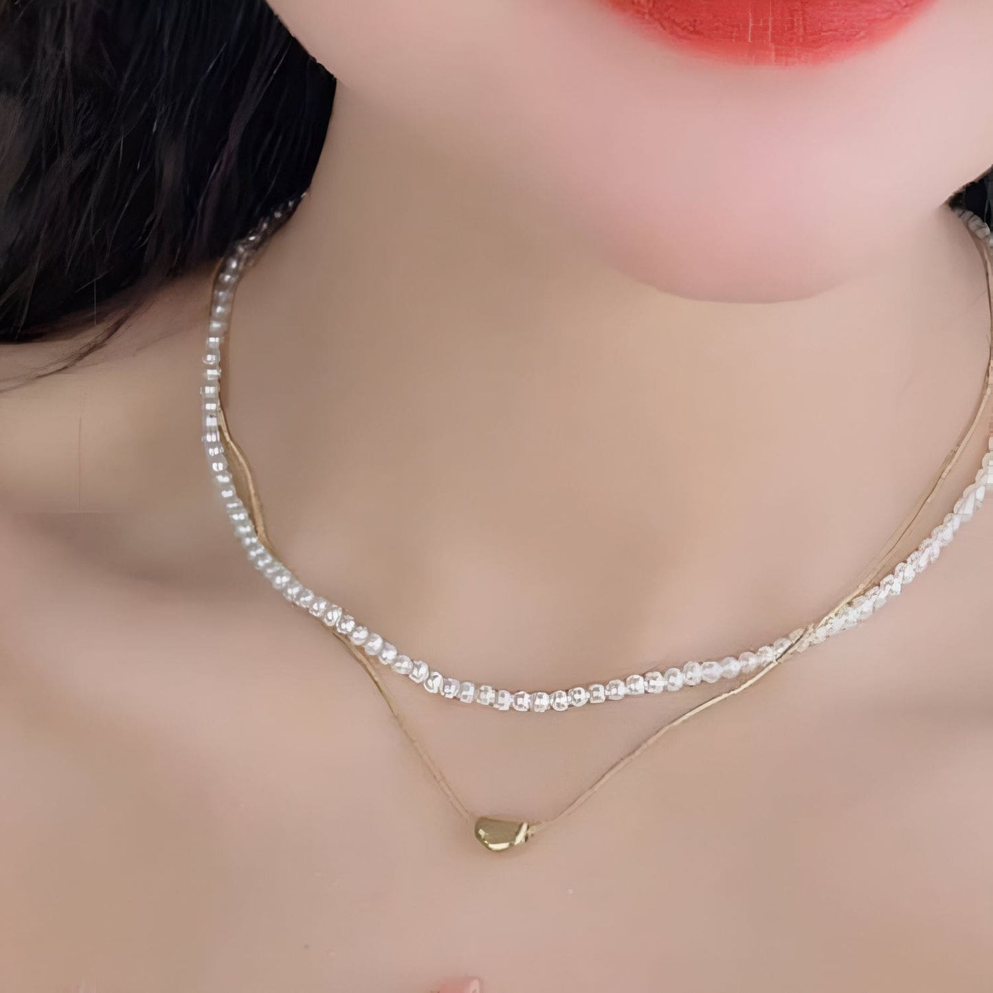 Golden Love Layers – Double Heart Pearl Necklace
