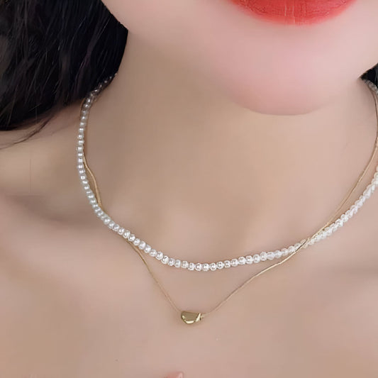 Golden Love Layers – Double Heart Pearl Necklace
