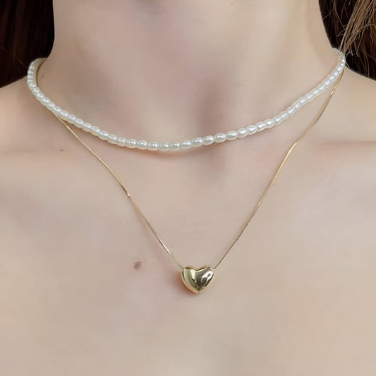 Golden Love Layers – Double Heart Pearl Necklace