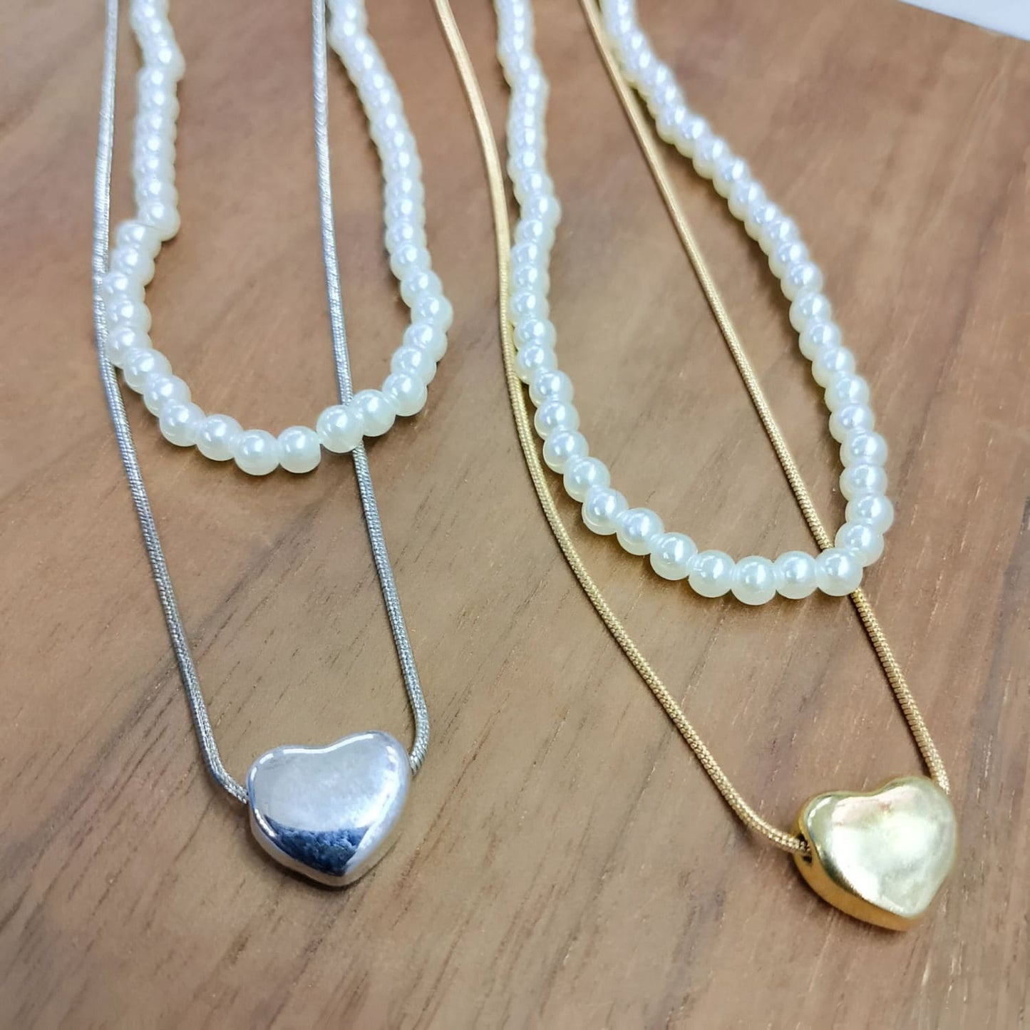 Golden Love Layers – Double Heart Pearl Necklace