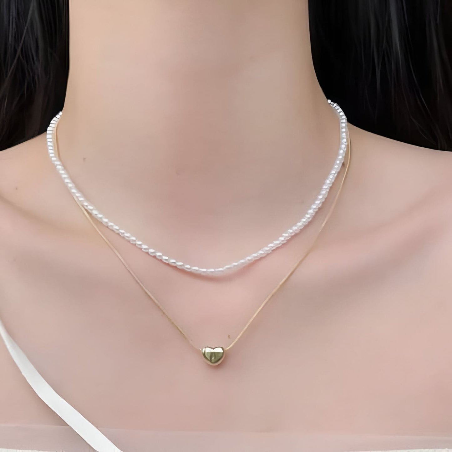 Golden Love Layers – Double Heart Pearl Necklace